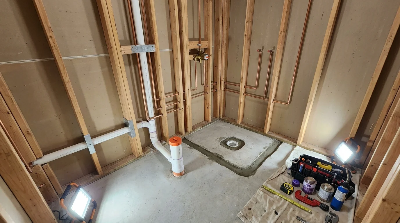 Bathroom rough-in plumbing during remodel by Johns Plumbing LLC in Granby