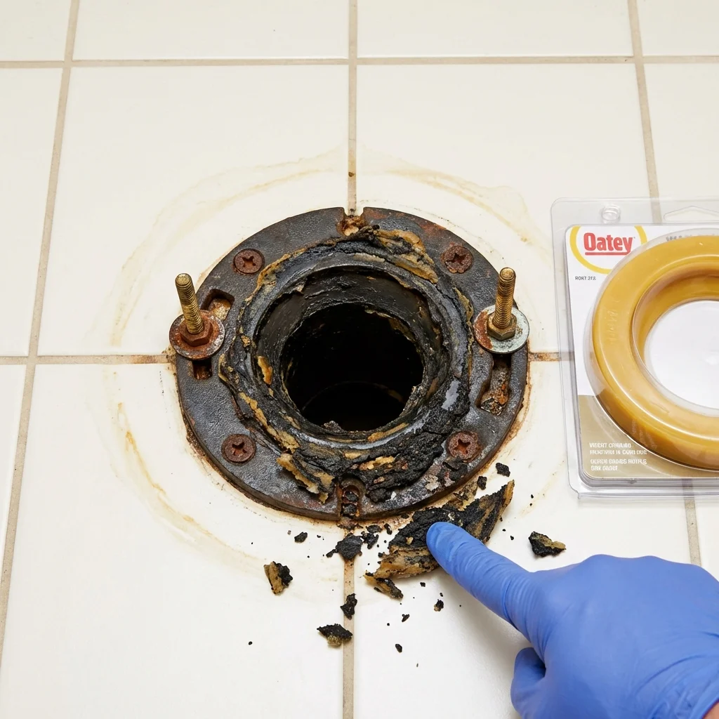 Failed wax ring showing water seepage at the base of a toilet in a Granby, CO home
