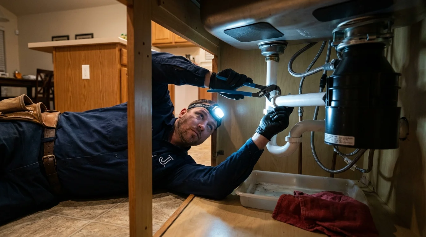 P-trap and supply line connections under a kitchen sink showing a common leak point in Granby, CO